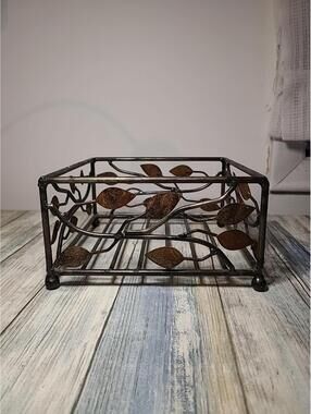 Rustic Iron Square Metal Box With Rustic Metal Leaves 7.5 In By 7.5 In
